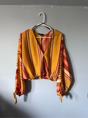 Forever 21 Contemporary Striped V-Neck Cropped Top in Mustard & Rust